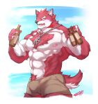  abs anthro beverage body_hair bulge canid canine chest_hair chest_tuft diederich_olsen_(knights_college) fur hi_res kalonezhno knights_college male mammal muscular muscular_anthro muscular_male nipples pubes red_body red_fur solo tuft 