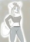  absurd_res anthro blue_eyes bottomwear breasts canid canine canis clothed clothing digital_media_(artwork) domestic_dog female fur grey_hair hair hand_on_hip hi_res looking_at_viewer mammal matt_the_rain monochrome shirt simple_background smile solo standing sweater topwear yoga_pants 
