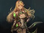 1girl absurdres armor bangs black_background blonde_hair breasts cleavage dress earrings elbow_gloves gloves hand_on_hip headpiece highres jewelry large_breasts long_hair looking_at_viewer moor mythra_(xenoblade) neon_trim sidelocks simple_background smile solo swept_bangs thigh_strap tiara white_gloves xenoblade_chronicles_(series) xenoblade_chronicles_2 yellow_eyes 