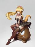  1girl 1other absurdres bare_shoulders between_legs black_leotard blonde_hair blue_eyes bowsette bracelet breasts brooch brown_legwear cleavage collar crown earrings english_commentary fangs full_body garam_jeong_(malgam) goomba hand_between_legs highres horns jewelry large_breasts leotard long_hair mario_(series) new_super_mario_bros._u_deluxe open_mouth pointy_ears ponytail showgirl_skirt sitting sitting_on_head sitting_on_person solo_focus spiked_armlet spiked_bracelet spiked_collar spiked_shell spiked_tail spiked_thighlet spikes strapless strapless_leotard super_crown tail thighhighs toes turtle_shell 