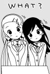  2girls alternate_hairstyle bangs blazer blush bow bowtie buttons closed_mouth collared_shirt commentary_request dot_nose english_text flower grey_background greyscale hair_flower hair_ornament hair_scrunchie hairclip head_tilt highres hitori_bocchi hitoribocchi_no_marumaru_seikatsu jacket katsuwo_(cr66g) long_hair long_sleeves looking_at_viewer monochrome motion_lines multiple_girls school_uniform scrunchie shirt side_ponytail simple_background sotoka_rakita twintails upper_body very_long_hair 