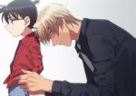  2boys amuro_tooru bangs black-framed_eyewear black_shirt blonde_hair blue_eyes blurry brown_hair child closed_mouth collared_shirt commentary_request depth_of_field edogawa_conan from_side glasses grey_background grey_neckwear grey_shorts hair_between_eyes hand_in_pocket height_difference jacket k_(gear_labo) long_sleeves looking_down looking_to_the_side male_focus meitantei_conan multiple_boys necktie open_clothes open_jacket profile red_jacket serious shirt short_hair shorts simple_background 