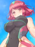  1girl bare_shoulders breasts commentary_request competition_swimsuit covered_navel covered_nipples f_1chan from_below groin hip_strap impossible_clothes impossible_swimsuit large_breasts looking_at_viewer looking_down official_alternate_costume one-piece_swimsuit pyra_(xenoblade) red_eyes red_hair short_hair solo swimsuit taut_clothes taut_swimsuit xenoblade_chronicles_(series) xenoblade_chronicles_2 