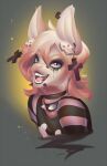  anthro clothed clothing domestic_cat fangs felid feline felis fur girly goth hair headshot_portrait hi_res jesusy male mammal open_mouth open_smile piercing pink_body pink_eyes pink_fur pink_hair portrait running_makeup simple_background smile solo tongue 