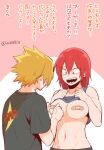  1girl bandaid bandaids_on_nipples blonde_hair boku_no_hero_academia breasts collarbone commentary_request groin hair_between_eyes hands_up kaminari_denki kirishima_eijirou large_breasts lifted_by_self looking_at_another multiple_boys navel open_mouth pasties pink_background red_eyes red_hair sharp_teeth shirt shirt_lift smile tank_top teeth tonomayo translation_request twitter_username upper_body 