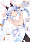  1girl absurdres ame_(memory_a) animal_ear_fluff animal_ears armpits arms_up bangs black_gloves black_legwear black_leotard blue_hair braid breasts bunny-shaped_pupils bunny_ears bunny_pose bunny_tail carrot_hair_ornament coat cowboy_shot detached_sleeves don-chan_(usada_pekora) dutch_angle food_themed_hair_ornament fur-trimmed_coat fur-trimmed_gloves fur_scarf fur_trim gloves grin hair_ornament highres hikimayu hololive leotard leotard_under_clothes long_hair looking_at_viewer nousagi_(usada_pekora) orange_eyes pantyhose playboy_bunny puffy_short_sleeves puffy_sleeves rabbit_girl scarf short_eyebrows short_sleeves small_breasts smile solo strapless strapless_coat strapless_leotard swept_bangs tail thick_eyebrows twin_braids twintails usada_pekora virtual_youtuber white_background white_coat white_scarf white_sleeves 