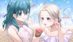  2girls alternate_costume amusement_park balloon bangs bare_shoulders blue_eyes blue_hair blue_sky breasts byleth_(fire_emblem) byleth_(fire_emblem)_(female) casual cloud commentary_request contemporary day edelgard_von_hresvelg eyebrows_visible_through_hair ferris_wheel fire_emblem fire_emblem:_three_houses food forehead hair_between_eyes hair_ribbon hand_up holding holding_food ice_cream ice_cream_cone long_hair medium_breasts multiple_girls off-shoulder_shirt off_shoulder open_mouth outdoors purple_eyes purple_ribbon qi&#039;e_(penguin) ribbon shirt silver_hair sky sleeveless sleeveless_shirt smile 