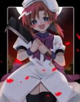  1girl :d blue_eyes dress hat hatchet higurashi_no_naku_koro_ni holding holding_hatchet holding_weapon open_mouth orange_hair puffy_short_sleeves puffy_sleeves purple_ribbon ribbon ryuuguu_rena short_sleeves smile solo tanakani39 thighhighs weapon white_dress white_headwear 