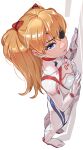  1girl absurdres blue_eyes bodysuit breasts evangelion:_3.0+1.0_thrice_upon_a_time eyepatch from_above full_body hairpods highres interface_headset long_hair neon_genesis_evangelion orange_hair pilot_suit plugsuit rebuild_of_evangelion shikinami_asuka_langley small_breasts solo souryuu_asuka_langley standing two_side_up white_bodysuit yonezawa_mao 