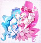  2girls blue_background blue_choker blue_dress brooch cherry_hair_ornament choker closed_eyes cure_blossom cure_marine dress earrings food_themed_hair_ornament hair_ornament hanasaki_tsubomi heart heartcatch_precure! highres jewelry komanana320 long_hair magical_girl multiple_girls one_eye_closed open_mouth pink_choker pink_dress pink_eyes ponytail precure puffy_sleeves smile starry_background upper_body wavy_hair white_dress 
