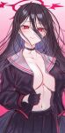  1girl bangs black_choker black_gloves black_hair black_serafuku black_skirt blue_archive blush breasts choker cleavage eyebrows_visible_through_hair gloves hair_between_eyes halo hasumi_(blue_archive) highres honami_(yths4221) huge_breasts long_hair long_sleeves mole mole_under_eye open_clothes pink_background pleated_skirt red_eyes sailor_collar school_uniform serafuku simple_background skirt smile solo 