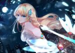  1girl bare_shoulders blonde_hair blue_eyes bracelet breasts character_request dress earrings elf feathers hair_ornament highres jewelry long_hair looking_at_viewer maplestory moon necklace night pointy_ears sky skyline solo star_(sky) starry_sky vardan white_dress 