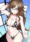  1girl bikini breasts brown_hair checkered checkered_bikini cleavage commentary_request cowboy_shot glasses highleg highleg_bikini highleg_swimsuit highres kiryuu_moeka long_hair looking_at_viewer medium_breasts navel red_eyes solo steins;gate sumida_kichi swimsuit 