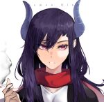 1girl bangs between_fingers black_jacket cigarette cizzi copyright_name copyright_request curled_horns english_text eyebrows_visible_through_hair hair_between_eyes hand_up holding holding_cigarette horns jacket long_hair parted_lips purple_hair red_eyes red_scarf scarf shirt simple_background smoke solo upper_body white_background white_shirt 