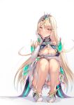  bangs bare_legs bare_shoulders blonde_hair breasts chest_jewel cleavage_cutout clothing_cutout dress earrings elbow_gloves gloves hinot jewelry large_breasts long_hair mythra_(xenoblade) short_dress swept_bangs thigh_strap tiara very_long_hair white_dress white_footwear white_gloves xenoblade_chronicles_(series) xenoblade_chronicles_2 yellow_eyes 