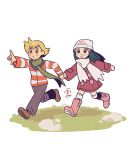  1boy 1girl :o bangs barry_(pokemon) blonde_hair blush boots brown_footwear coat commentary cosmosully dawn_(pokemon) english_commentary grass green_scarf grey_eyes grey_pants hair_ornament hairclip hand_up highres holding_hand jacket long_sleeves open_mouth orange_eyes over-kneehighs pants pink_footwear pokemon pokemon_(game) pokemon_dppt pokemon_platinum running scarf shoes sidelocks smile thighhighs white_legwear white_scarf 