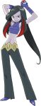  1girl arms_up black_hair closed_mouth full_body gloves grey_pants high_heels holding holding_poke_ball long_hair lucy_(pokemon) multicolored_hair navel official_art pants poke_ball poke_ball_(basic) pokemon pokemon_(game) pokemon_emerald pokemon_rse purple_footwear purple_gloves red_eyes smile solo standing sugimori_ken transparent_background two-tone_hair 