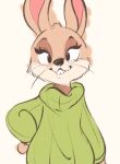  2021 anthro buckteeth cheek_tuft clothed clothing facial_tuft fur head_tuft hi_res lagomorph leporid looking_at_viewer mammal rabbit simple_background smile solo sweater tan_body tan_fur teeth tohupo topwear tuft whiskers white_background 