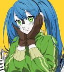  1girl blue_hair brown_gloves building closed_mouth colored_skin eyebrows_visible_through_hair eyelashes facepaint flat_chest gloves green_eyes green_jacket hair_between_eyes hands_on_own_cheeks hands_on_own_face hands_up happy hatsune_miku head_tilt headphones high_collar highres jacket long_eyelashes long_hair looking_at_viewer matryoshka_(vocaloid) multicolored multicolored_eyes ringed_eyes simple_background smile solo straight_hair sumino_akasuke tareme track_jacket twintails upper_body very_long_hair vocaloid wavy_mouth white_skin yellow_background zipper 