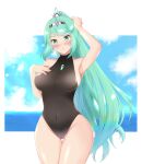  1girl adjusting_hair alternate_costume armpits bangs blush breasts closed_mouth cloud commentary commentary_request covered_navel female gem green_eyes green_hair hair_ornament headpiece jewelry large_breasts leotard long_hair musubi_moni mythra_(xenoblade) ocean one-piece_swimsuit pneuma_(xenoblade) ponytail pose pyra_(xenoblade) shy sky smile solo standing swept_bangs swimsuit thighs tiara very_long_hair white_background xenoblade_chronicles_(series) xenoblade_chronicles_2 