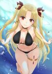  1girl barefoot bikini black_bikini blonde_hair bow breasts cleavage closed_mouth collarbone earrings ereshkigal_(fate) fate/grand_order fate_(series) floating_hair hair_bow hair_intakes highres jewelry kakukau long_hair looking_at_viewer medium_breasts navel red_bow shiny shiny_hair sideboob smile solo swimsuit thigh_gap thighlet twintails underwater very_long_hair 