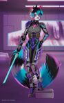  2021 ailurid anthro armor biped black_hair black_tail blue_eyes blue_hair blue_tail breasts clothed clothing detailed_background english_text female footwear hair high_heels holding_object holding_sword holding_weapon looking_at_viewer mammal markings melee_weapon multicolored_hair multicolored_tail pink_markings red_panda romanginzburg shoes signature solo standing striped_tail stripes sword text vivid_(character) weapon white_body white_tail 