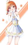  1girl :d absurdres ahoge bangs blush collarbone dress elbow_gloves flower gloves hair_between_eyes hair_flower hair_ornament hair_ribbon hands_on_own_cheeks hands_on_own_face head_wreath highres long_hair looking_at_viewer love_live! love_live!_sunshine!! low_twintails open_mouth orange_flower orange_hair pleated_dress red_eyes ribbon shiny shiny_hair short_dress sin_(sin52y) sleeveless sleeveless_dress smile solo standing strapless strapless_dress takami_chika twintails white_background white_dress white_gloves white_ribbon 