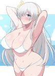  1girl anastasia_(fate) armpits arms_behind_head arms_up bangs bare_shoulders bikini blue_eyes blue_sky blush breasts cleavage collarbone fate/grand_order fate_(series) hair_over_one_eye hairband highres large_breasts long_hair looking_at_viewer navel open_mouth revision silver_hair sky swimsuit very_long_hair wagokinesis wet white_bikini 