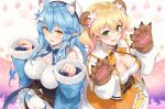  2girls animal_ear_fluff animal_ears blonde_hair blue_hair breasts cat_ears cleavage cleavage_cutout clothing_cutout commentary_request flower gloves green_hair hair_between_eyes hair_flower hair_ornament hands_up haoni highres hololive kemonomimi_mode large_breasts long_hair long_sleeves looking_at_viewer momosuzu_nene multiple_girls open_mouth orange_skirt paw_gloves paw_pose paws pointy_ears short_hair skirt smile virtual_youtuber yellow_eyes yukihana_lamy 