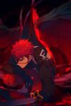  1boy alternate_costume arm_support black_wings blurry chaldea_logo cis05 depth_of_field fate/grand_order fate_(series) feathered_wings holding holding_sword holding_weapon katana looking_to_the_side male_focus mask red_hair sengo_muramasa_(fate) solo squatting sword weapon wings yellow_eyes 