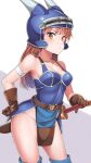  1girl armor armored_dress belt blue_dress blue_headwear blue_legwear breasts brown_belt brown_eyes brown_gloves brown_hair cleavage closed_mouth commentary_request daisy_(dq) dragon_quest dragon_quest_yuusha_abel_densetsu dress gloves grey_background groin hand_on_hilt hand_on_hip helmet highres konnyaku_(kk-monmon) long_hair looking_at_viewer medium_breasts pelvic_curtain sheath sheathed sleeveless sleeveless_dress solo standing sword thighhighs two-tone_background weapon white_background 