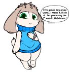  2021 3_toes ambiguous_gender anthro blue_clothing blue_shirt blue_sweater blue_topwear bottomless cave_story clothed clothing colored_sketch dialogue english_text feet floppy_ears front_view fur green_eyes grey_body grey_fur hi_res humor lagomorph mammal mimiga shirt simple_background sketch sleeveless_sweater smile softestpuffss solo speech_bubble standing sweater tan_body tan_fur text toes topwear video_games white_background wristband 