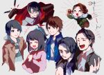  1girl 6+boys :3 ^_^ annoyed arm_around_neck arm_up asymmetrical_bangs bags_under_eyes bangs black_eyes black_hair black_jacket blood bloody_clothes blue_eyes blue_scrunchie blush brown_eyes brown_hair brown_jacket brown_pants character_request chikichi closed_eyes closed_mouth collared_shirt commentary_request drawstring emphasis_lines facial_hair flat_chest fur-trimmed_jacket fur_trim glasses green_jacket grey_background grey_shirt grin hair_intakes hair_ornament hair_scrunchie half-closed_eyes hand_up happy highres himuro_gentoku holding isurugi_souichi jacket kamen_rider kamen_rider_build_(series) kiryuu_sento long_sleeves looking_at_another multiple_boys mustache open_clothes open_jacket open_mouth pants parted_lips pink_shirt ponytail running scrunchie semi-rimless_eyewear shiny shiny_hair shirt short_hair sidelocks simple_background sketch smile striped striped_shirt sweat swept_bangs talking teeth tied_hair tongue utsumi_nariaki 