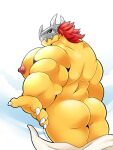  4_fingers anthro big_pecs butt claws cloth digimon digimon_(species) finger_claws fingers green_eyes hair hi_res horn male mask muscular muscular_anthro muscular_male nipples nude pecs rear_view red_hair schwarzfox solo wargreymon yellow_body 