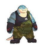  1:1 2021 anthro blue_body clothed clothing cute_fangs fish hi_res kemono male marine neiiio overweight overweight_anthro overweight_male shark shirt simple_background solo topwear white_background 