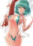  1girl :o aqua_eyes aqua_hair bloom breasts cleavage commentary_request cowboy_shot hands_up heterochromia karakasa_obake large_breasts lips looking_at_viewer navel red_eyes short_hair simple_background slingshot_swimsuit solo standing swimsuit tatara_kogasa touhou umbrella white_background y2 