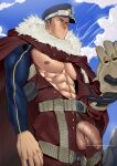  1boy abs absurdres alternate_pectoral_size bar_censor bara bare_pecs blue_bodysuit bodysuit boku_no_hero_academia cape censored cowboy_shot flaccid fur-trimmed_cape fur_trim hat highres kepi large_pectorals looking_at_viewer male_focus male_pubic_hair military_hat muscular muscular_male nipples open_clothes open_pants pants penis pubic_hair reward_available short_hair sideburns solo stomach suyobara veins veiny_penis yoarashi_inasa 