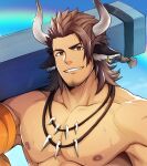  1boy animal_ears arknights bara bare_pecs beach brown_eyes brown_hair carrying_over_shoulder close-up cow_boy cow_ears cow_horns dark_skin dark_skinned_male earrings face facial_hair goatee highres horns jewelry large_pectorals looking_at_viewer male_focus matterhorn_(arknights) matterhorn_(beach_guard)_(arknights) mature_male medium_hair muscular muscular_male nipples official_alternate_costume portrait smile solo stubble tooth_necklace zifuuuun 