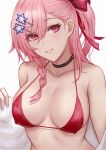  1girl bare_shoulders bikini bikini_top black_choker blush bow braid breasts choker collarbone commentary covered_nipples english_commentary eyebrows_visible_through_hair girls_frontline hair_bow hair_ornament hair_ribbon hexagram highres large_breasts looking_at_viewer negev_(girls_frontline) parted_lips pink_bow pink_eyes pink_hair pink_ribbon red_bikini red_eyes ribbon selcky simple_background smile solo star_of_david swimsuit upper_body 
