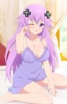  1girl adult_neptune bangs bare_legs bare_shoulders barefoot blurry blurry_background breasts cleavage commentary curtains d-pad d-pad_hair_ornament day eyebrows_visible_through_hair hair_ornament indoors large_breasts light_blush lingerie long_hair looking_at_viewer neptune_(series) nyaroon older on_bed one_eye_closed open_mouth purple_eyes purple_hair see-through shiny shiny_hair shiny_skin sitting solo thighs underwear wariza window 