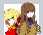  2girls ahoge back-to-back bangs blonde_hair blue_neckwear blush bow bowtie braid braided_bun breasts brown_eyes brown_hair brown_jacket closed_mouth dress epaulettes eyebrows_visible_through_hair fate/extra fate_(series) green_eyes hair_intakes hair_ribbon hio141 jacket kishinami_hakuno_(female) large_breasts long_hair long_sleeves looking_at_viewer multiple_girls nero_claudius_(fate) nero_claudius_(fate)_(all) red_dress red_ribbon ribbon school_uniform short_hair sidelocks smile tsukumihara_academy_uniform_(fate/extra) upper_body wavy_hair 