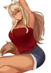  1girl animal_ear_fluff animal_ears arm_behind_head arm_up armpits bangs bare_shoulders belt blonde_hair blue_shorts breasts camisole cleavage collarbone dark_skin dark_skinned_female denim denim_shorts fate/extra fate/extra_ccc fate/extra_ccc_fox_tail fate_(series) fox_ears fox_girl fox_tail gyaru jikihatiman large_breasts long_hair looking_at_viewer one_eye_closed red_camisole short_shorts shorts sitting smile suzuka_gozen_(fate) tail tan thighs yellow_eyes 