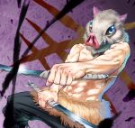  1boy 4o080_yotabnc abs blue_eyes boar_mask commentary_request damaged dual_wielding fur_trim hashibira_inosuke highres holding holding_weapon katana kimetsu_no_yaiba male_focus mask muscular muscular_male pants shirtless solo sword weapon 