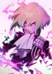  1boy absurdres ascot black_jacket blonde_hair colored_tears crying crying_with_eyes_open fire highres jacket leaning_back lio_fotia looking_at_viewer male_focus mosako promare purple_eyes purple_fire solo tears upper_body white_background white_neckwear 