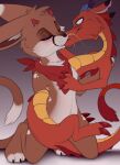  asian_mythology blue_eyes blush brown_body brown_fur claws disney dragon duo east_asian_mythology eastern_dragon eyes_closed female feral fur hi_res horn hug hugging_from_behind kissing kneeling legs_around_partner looking_at_another male male/female meraence mulan_(copyright) mushu mythology simple_background vicious_kitty whiskers 