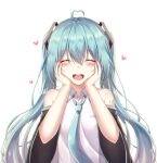  1girl :d ^_^ ahoge akira_(been0328) bangs bare_shoulders black_sleeves blue_hair blue_neckwear blush closed_eyes collared_shirt commentary eyebrows_visible_through_hair facing_viewer hair_between_eyes hands_on_own_cheeks hands_on_own_face hands_up hatsune_miku heart_ahoge long_hair neckerchief open_mouth shirt short_sleeves simple_background sleeveless sleeveless_shirt smile solo twintails upper_teeth very_long_hair vocaloid white_background white_shirt wide_sleeves 
