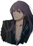  1boy absurdres bangs black_eyes black_hair black_jacket collarbone cropped_torso eyebrows_visible_through_hair floating_hair highres jacket long_hair male_focus mosako smile solo tales_of_(series) tales_of_vesperia upper_body v-shaped_eyebrows white_background yuri_lowell 