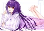  1girl absurdres bangs barefoot blush breasts fate/grand_order fate_(series) feet feet_up hair_between_eyes highres ichi_yoshida jewelry large_breasts long_hair long_sleeves looking_at_viewer lying necklace on_stomach open_mouth pendant purple_hair purple_skirt red_eyes scathach_(fate)_(all) scathach_skadi_(fate) shirt skirt smile under_the_same_sky white_shirt 