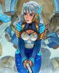  1girl alternate_hair_color alternate_hairstyle bangs blue_bodysuit blue_eyes blunt_bangs bodysuit breasts celestial_d.va cleavage cleavage_cutout clothing_cutout d.va_(overwatch) english_commentary gun headpiece highres holding holding_gun holding_weapon john_crayton lips long_hair mecha medium_breasts meka_(overwatch) nose official_alternate_costume open_mouth overwatch pilot_suit silver_hair skin_tight solo upper_teeth weapon 