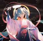  1girl 39 alternate_costume aqua_eyes aqua_hair arm_up bangs blue_eyes blue_hair bridge chinese_clothes chuushuu_meigetsu_miku commentary fan flower hagoromo hair_between_eyes hair_flower hair_ornament hatsune_miku highres holding holding_fan lirseven long_hair long_skirt long_sleeves looking_at_viewer open_mouth paper_fan red_skirt sash shawl skirt smile solo standing twintails uchiwa upper_body very_long_hair vocaloid white_flower white_robe wide_sleeves 